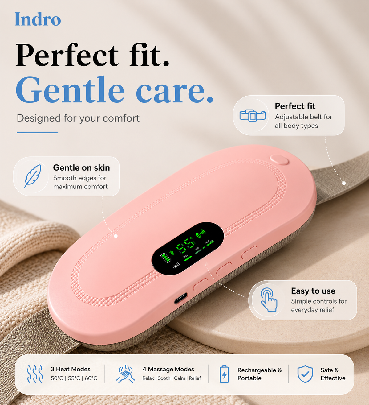 Period Cramp Relief Device | Heat + Massage in One | 50%Off + 6-Month Guarantee