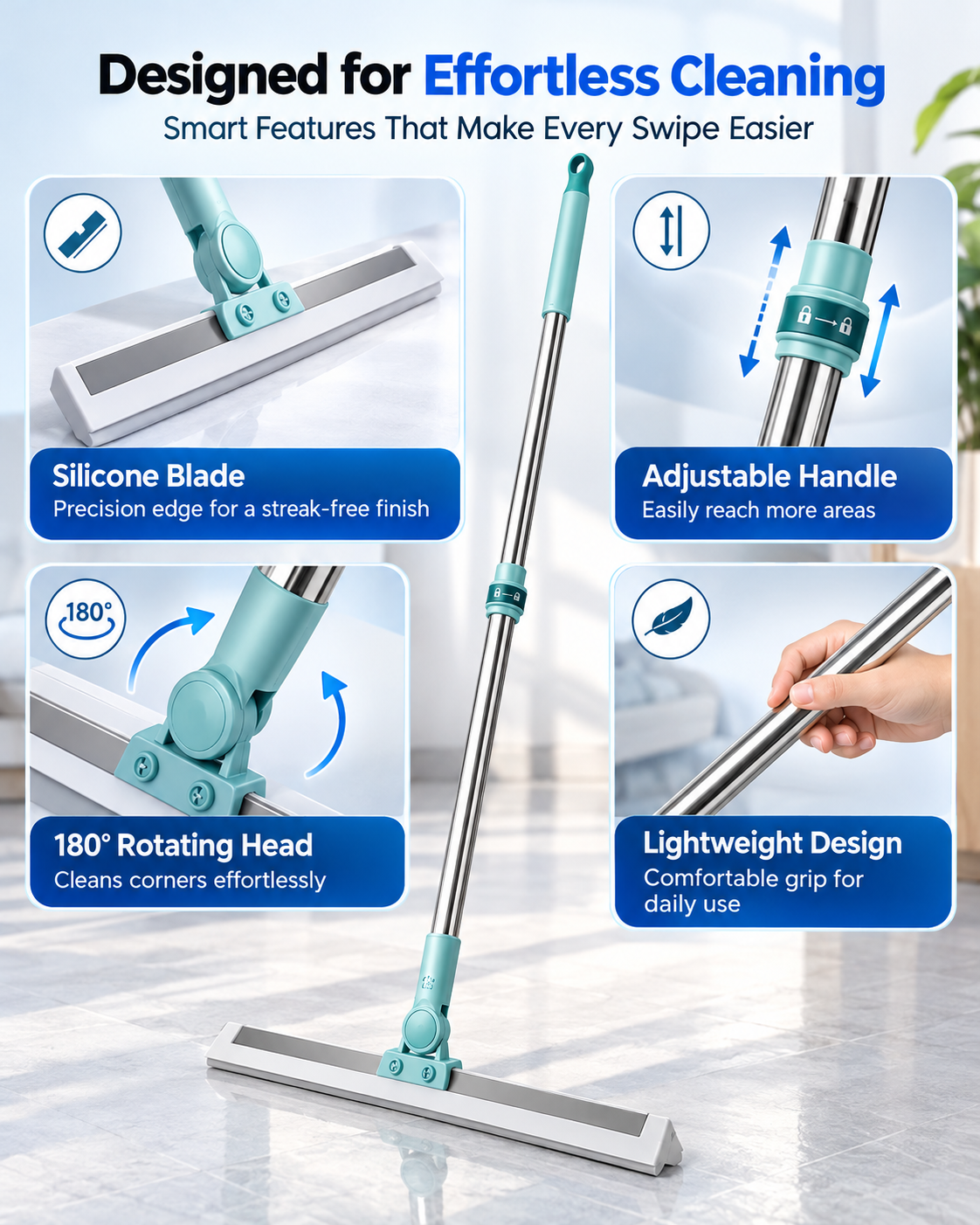 FlexiWipe – Multipurpose Wiper | Extendable-Rod | Silicon Blade | 180° Head