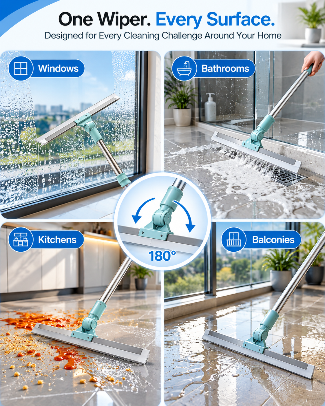 FlexiWipe – Multipurpose Wiper | Extendable-Rod | Silicon Blade | 180° Head