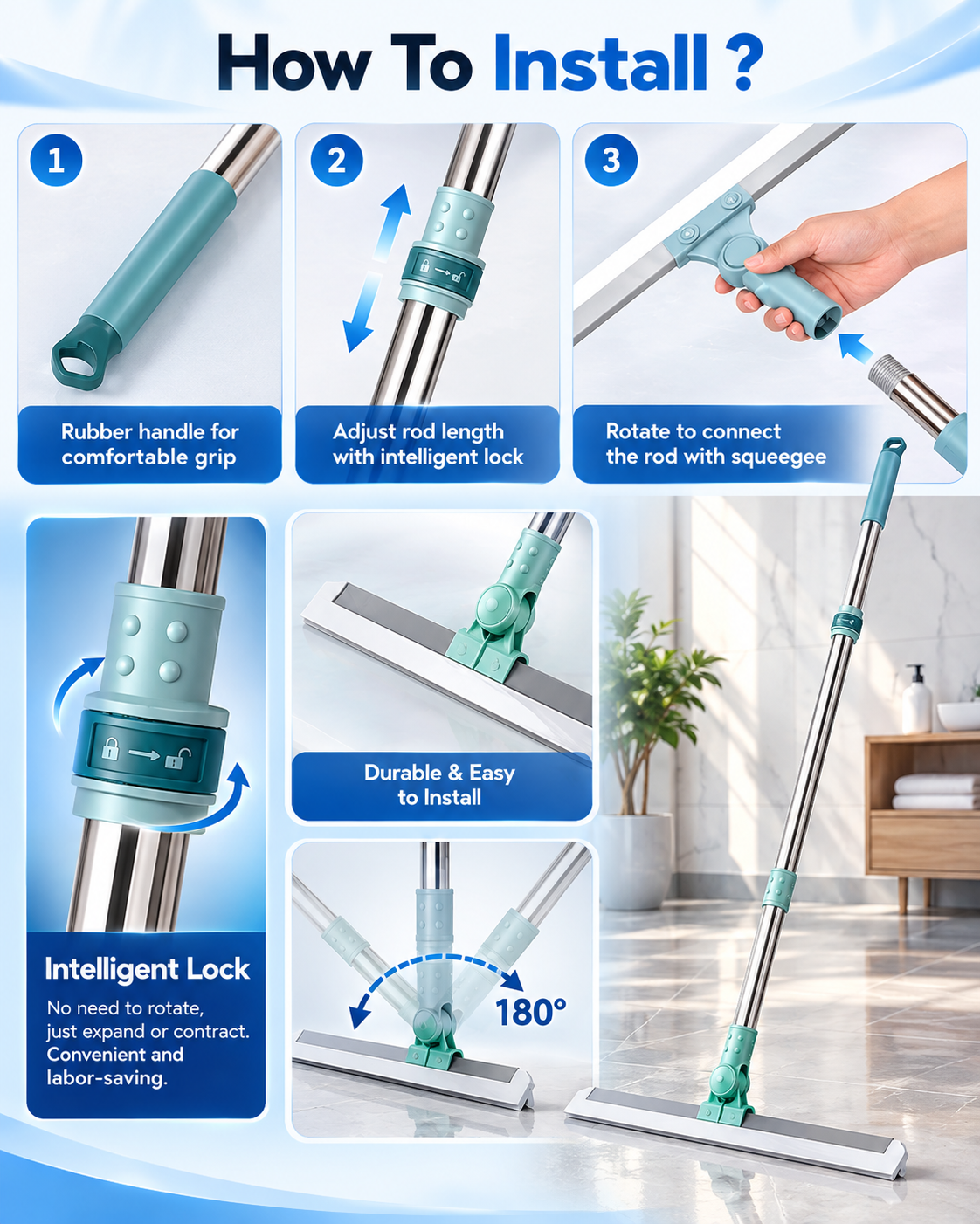 FlexiWipe – Multipurpose Wiper | Extendable-Rod | Silicon Blade | 180° Head
